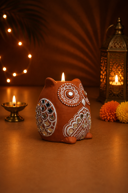 Roshni Mirror Work Owl Tealight Holder