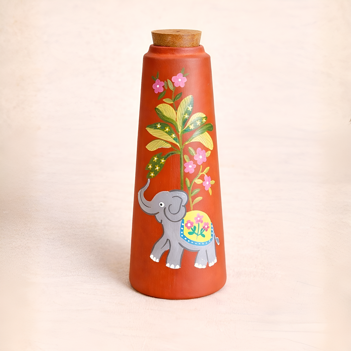 Haati Kamal Terracotta Bottle, handmade hand painted terracotta water bottle by Happy Earth Studio, Jalna