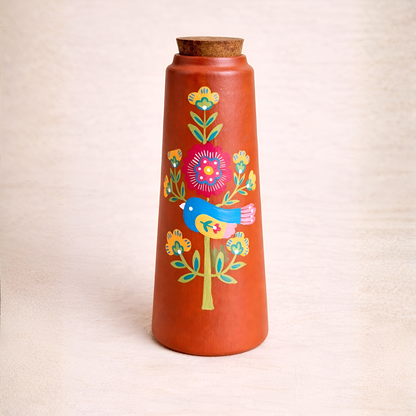 Chidiya Bottle, handmade hand painted terracotta water bottle by Happy Earth Studio, Jalna