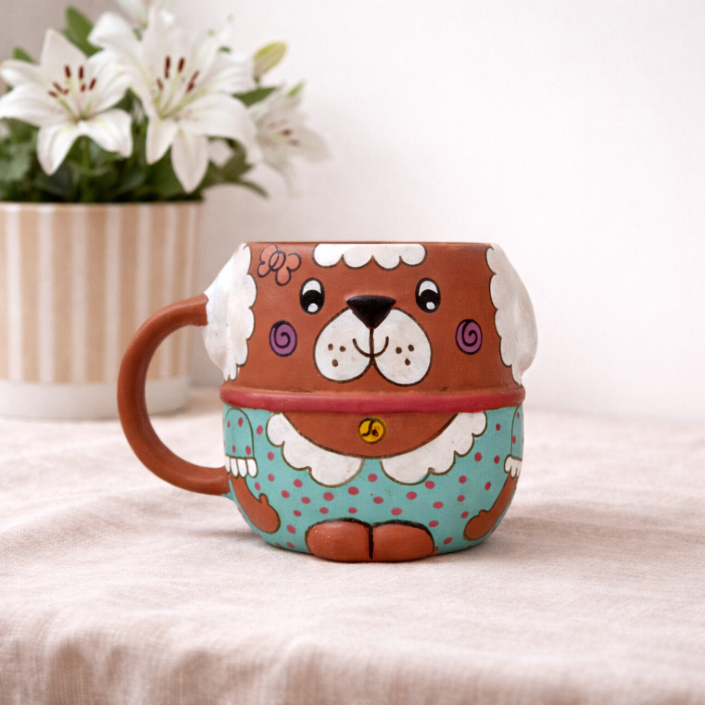 Cotton Candy Dog Mug, handmade hand painted terracotta mug by Happy Earth Studio, Jalna