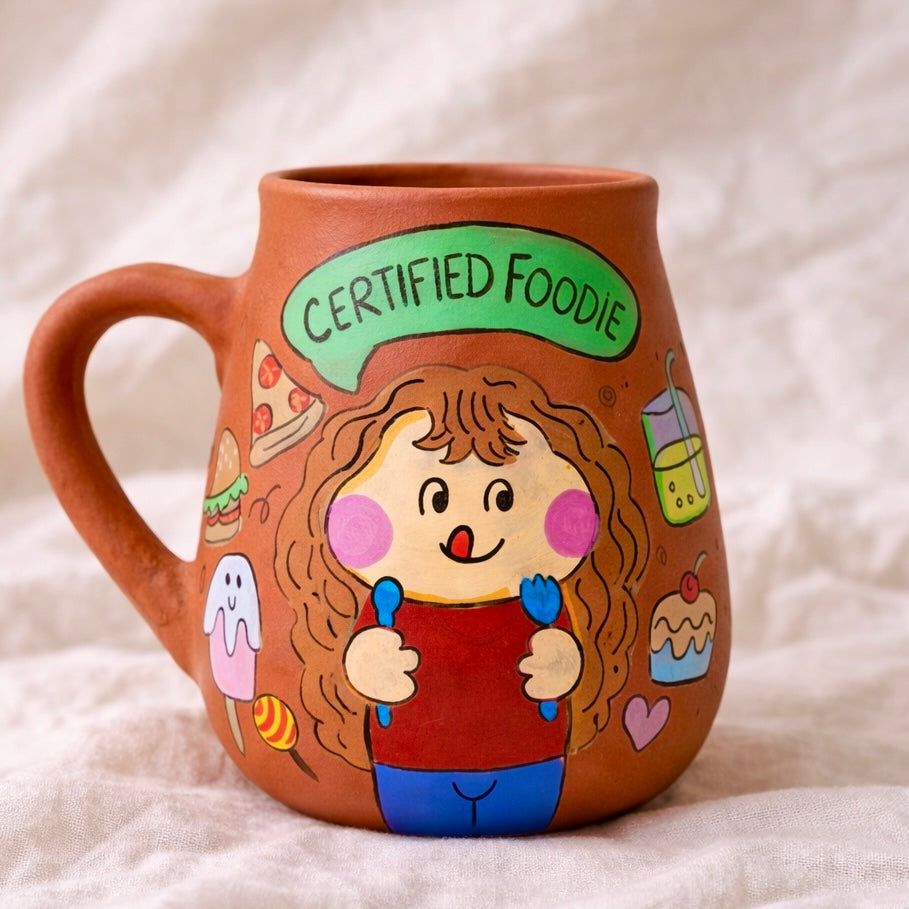 Foodie's Mug, handmade hand painted terracotta mug by Happy Earth Studio, Jalna