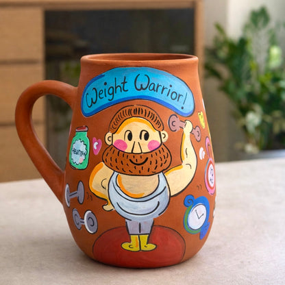 Gym Freak Mug, handmade hand painted terracotta mug by Happy Earth Studio, Jalna