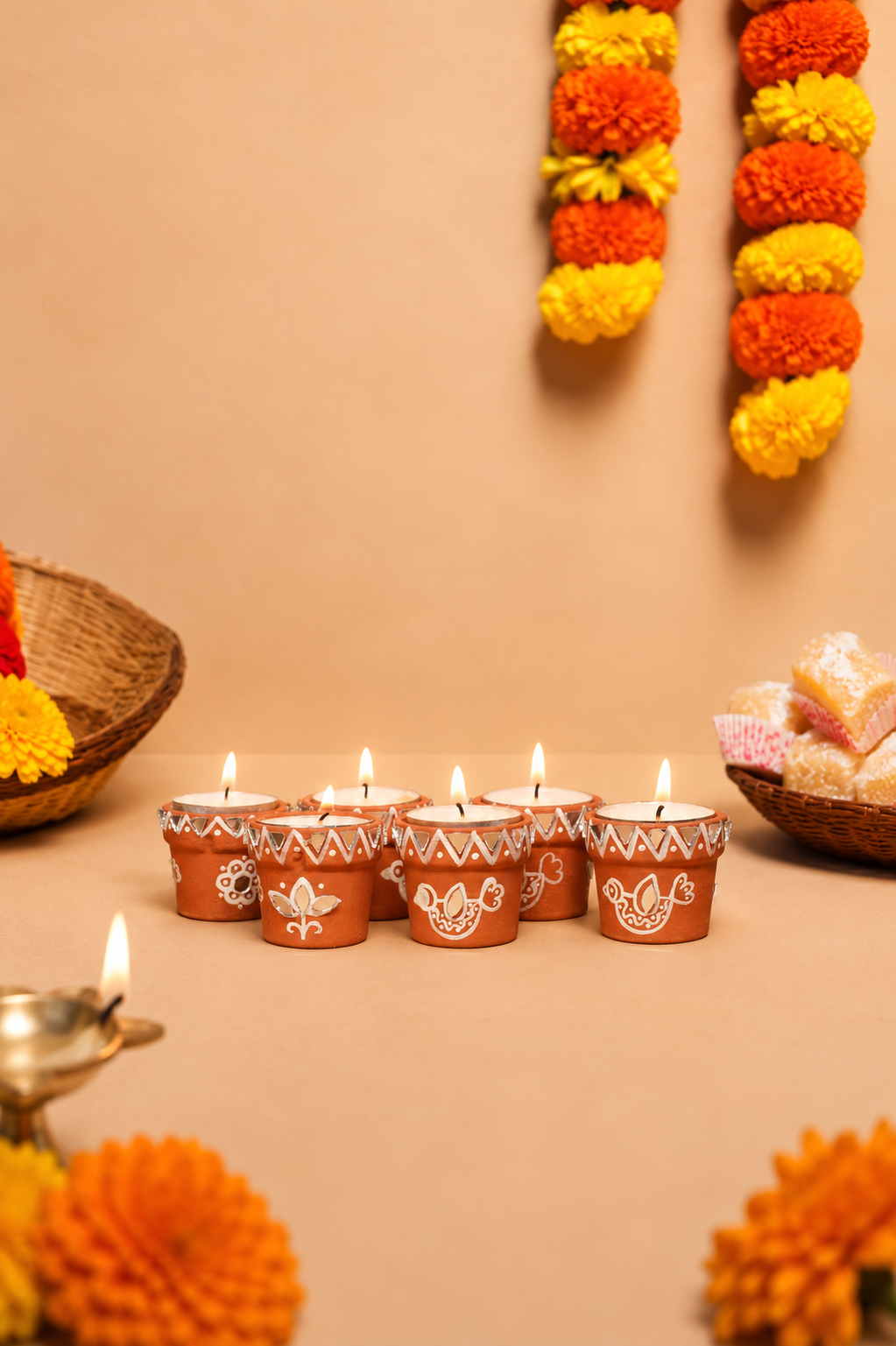 Mini Terracotta Mirror Work Diya Tealight Set