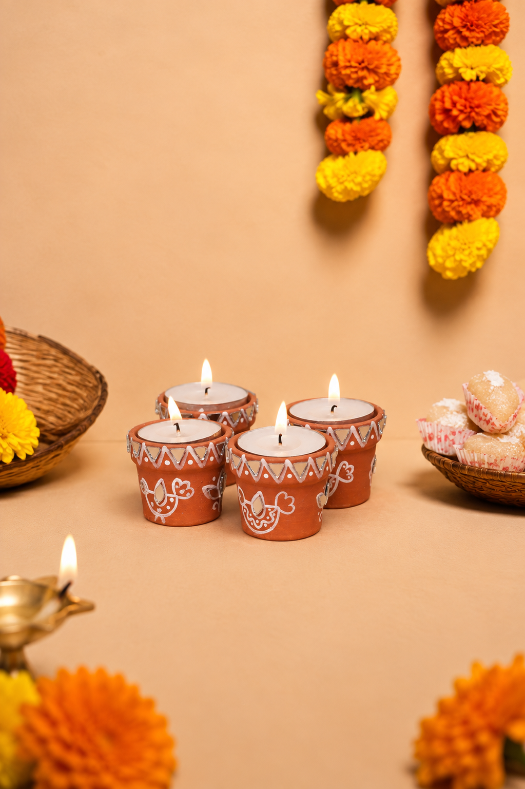 Mini Terracotta Mirror Work Diya Tealight Set