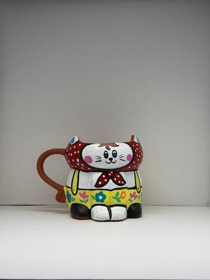 Cat with Red Scarf Mug, handmade hand painted terracotta mug by Happy Earth Studio, Jalna
