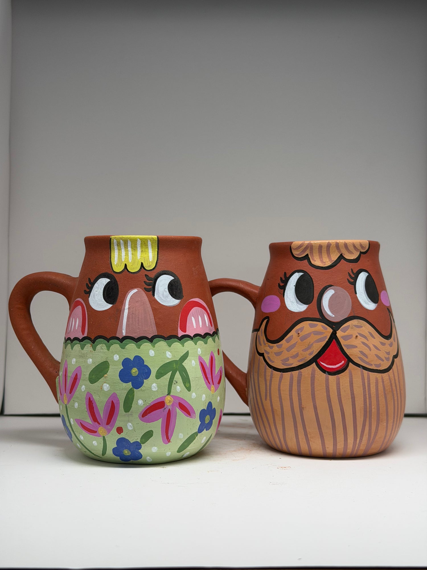 Character 2 Theme Mug Sets, handmade hand painted terracotta mug set by Happy Earth Studio, Jalna