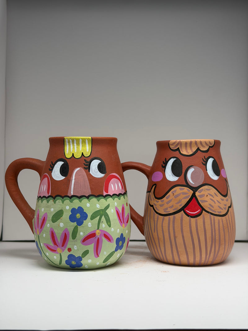 Character 2 Theme Mug Sets, handmade hand painted terracotta mug set by Happy Earth Studio, Jalna