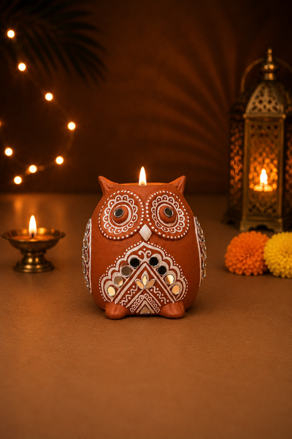 Roshni Mirror Work Owl Tealight Holder
