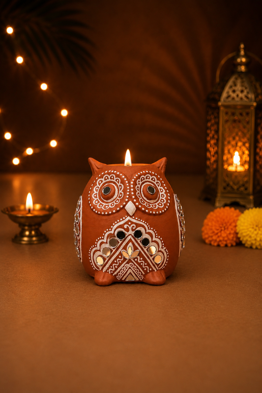 Roshni Mirror Work Owl Tealight Holder