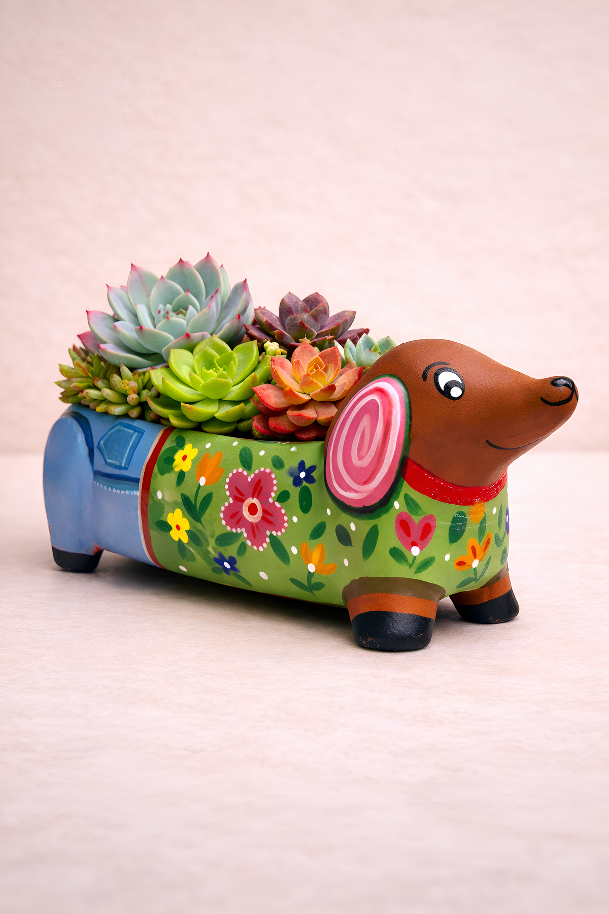 Green & Blue Dog Planter Pot, handmade hand painted terracotta planter by Happy Earth Studio, Jalna
