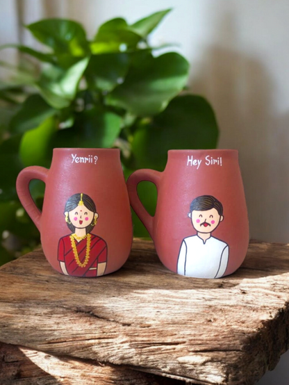 Photo Personalised Mug Set of 2 for a Wedding Couples, handmade hand painted terracotta mug set by Happy Earth Studio, Jalna