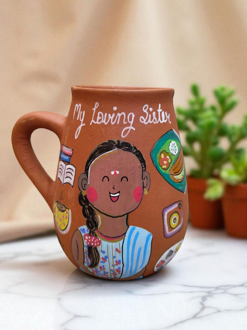 Personalised Hobby Mug, handmade hand painted terracotta mug by Happy Earth Studio, Jalna