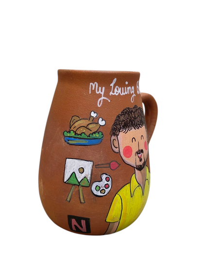 Personalised Hobby Mug, handmade hand painted terracotta mug by Happy Earth Studio, Jalna