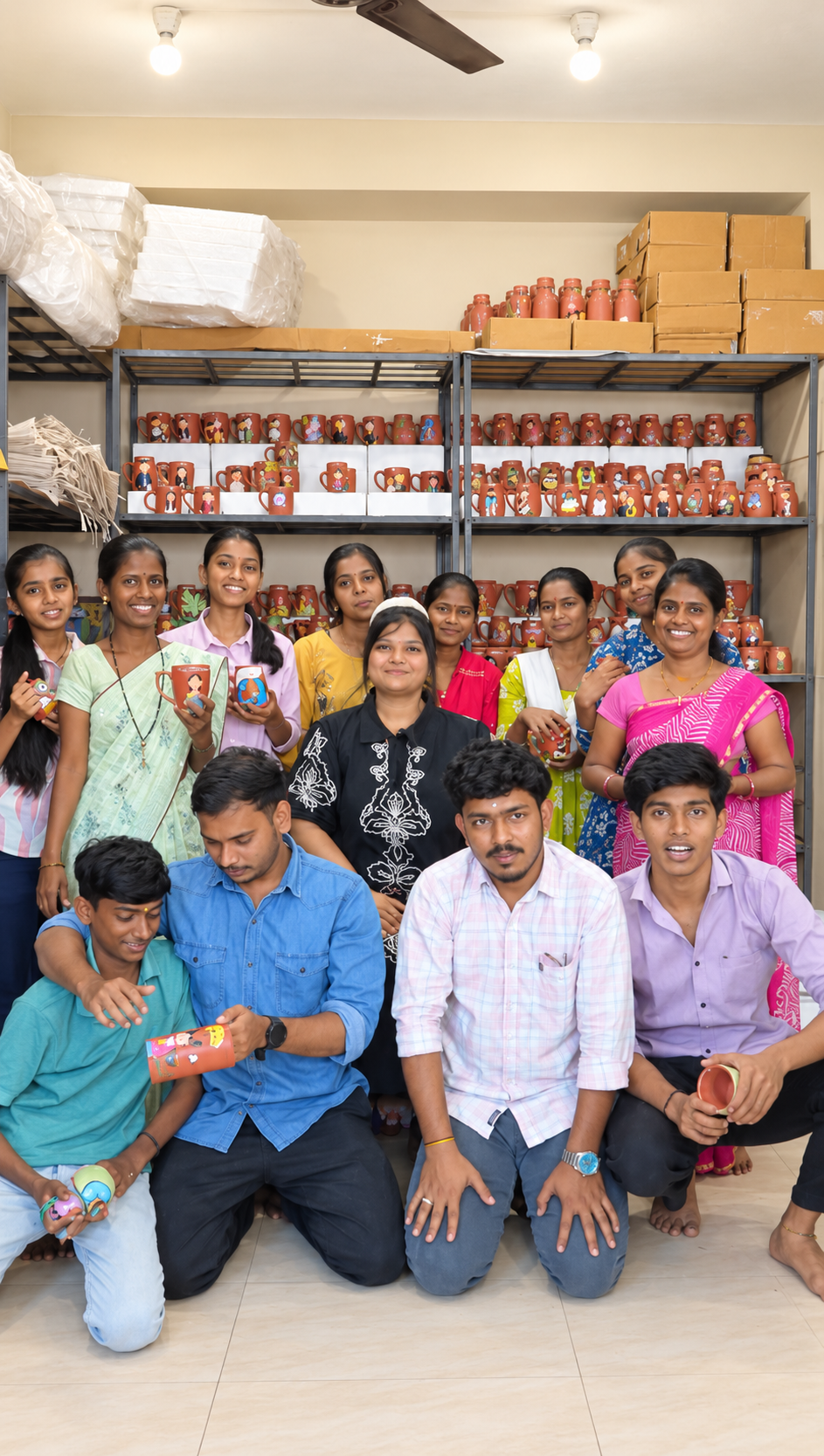 The Happy Earth Studio team of women and men artisans holding their handpainted terracotta mugs in the Jalna workshop