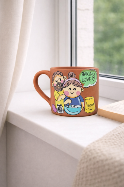 Couple Baking Love Mug, handmade hand painted terracotta mug by Happy Earth Studio, Jalna
