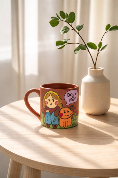 Dog Mom Mug, handmade hand painted terracotta mug by Happy Earth Studio, Jalna
