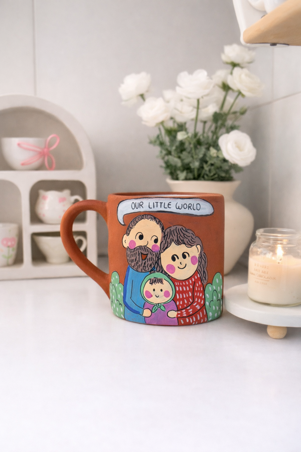 Happy Family Mug, handmade hand painted terracotta mug by Happy Earth Studio, Jalna