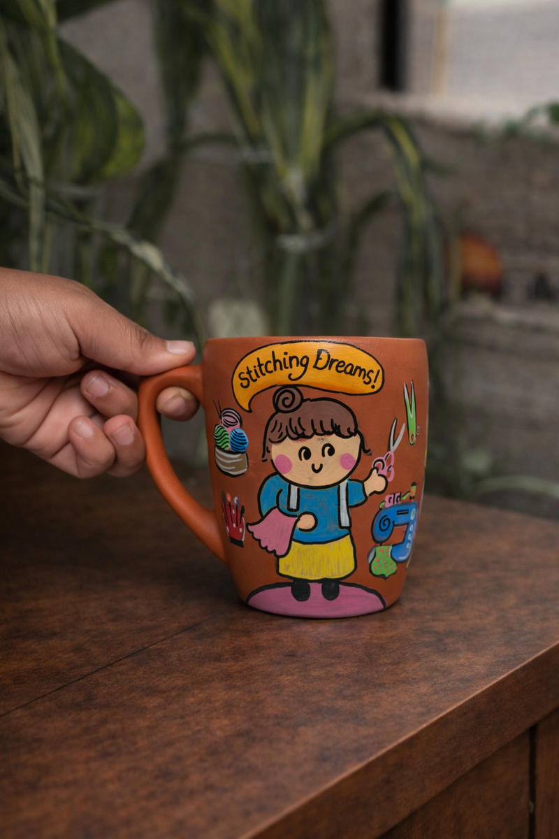 Fashion Designer's Mug, handmade hand painted terracotta mug by Happy Earth Studio, Jalna
