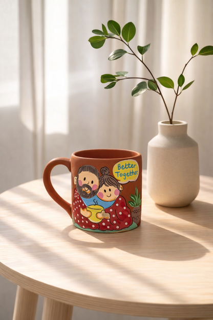 Cozy Couple Drinking Coffee Mug, handmade hand painted terracotta mug by Happy Earth Studio, Jalna