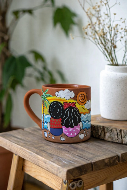 Couple At Beach Mug, handmade hand painted terracotta mug by Happy Earth Studio, Jalna